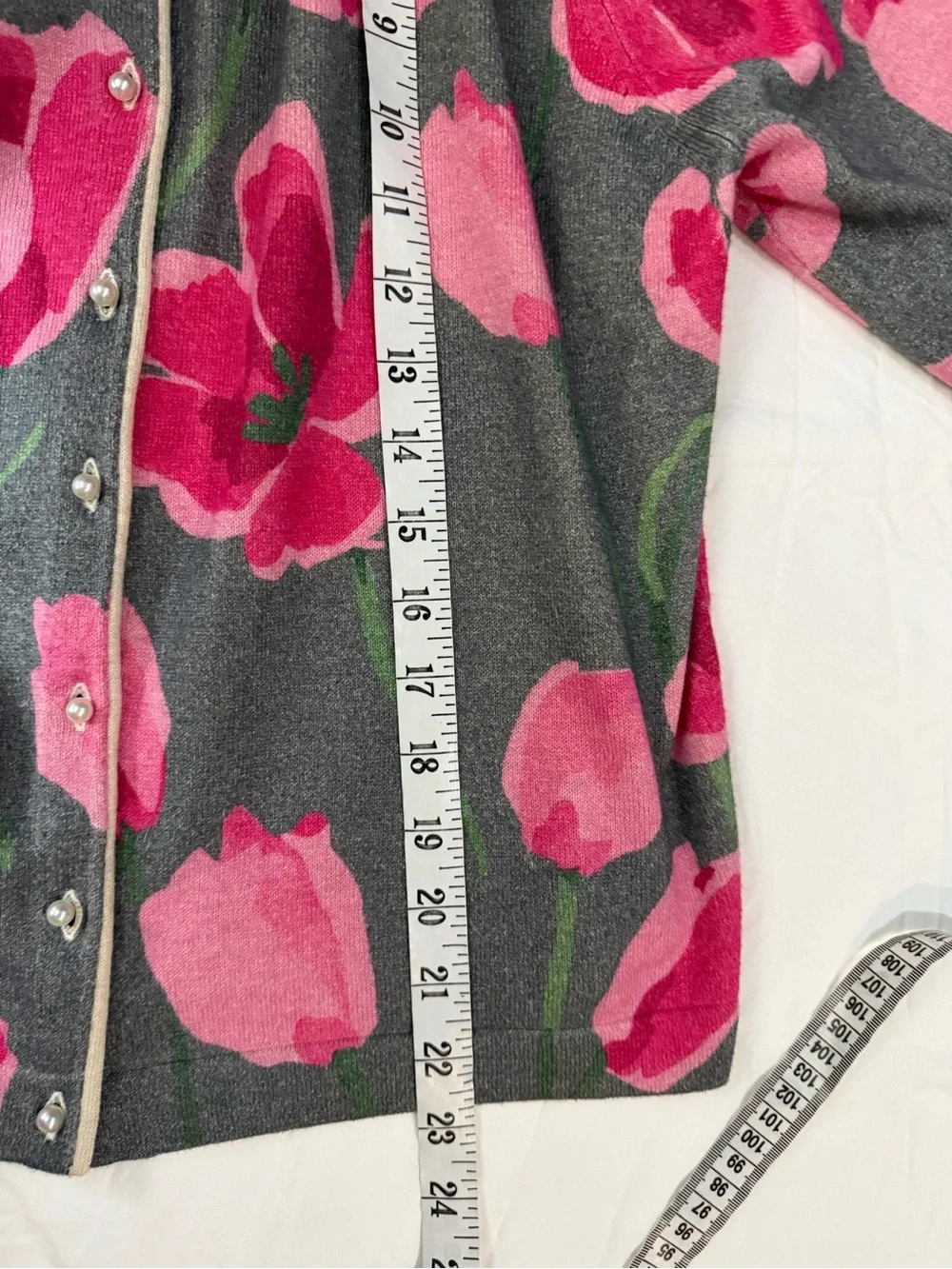 FRANCES VALENTINE Darling Cardigan Dutch Tulip Gray Pink Floral Sweater S - Picture 12 of 14